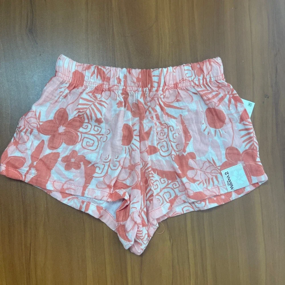 Disney Moana 2 Girls Small Peach Tropical Floral Cotton Gauze Shirt Shorts Set S